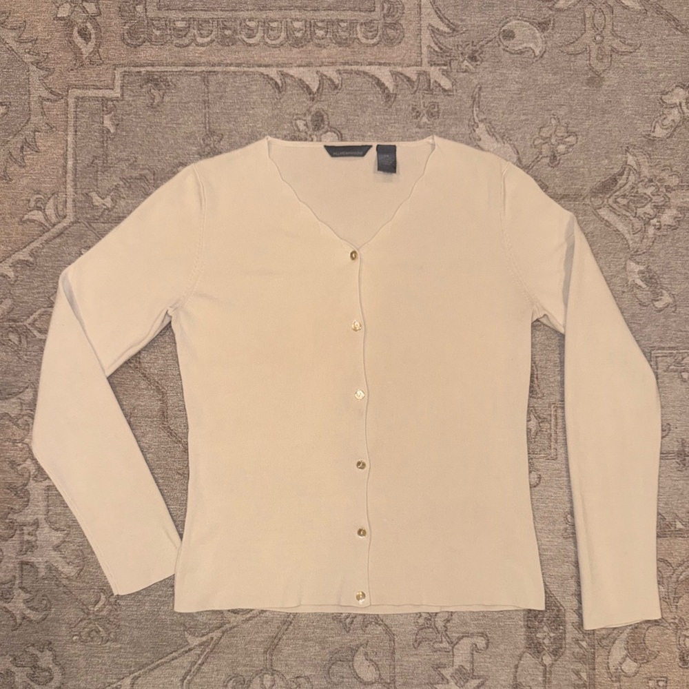 Hillard & Hanson Cream Button-Up Silk Cardigan Scalloped Neckline XS